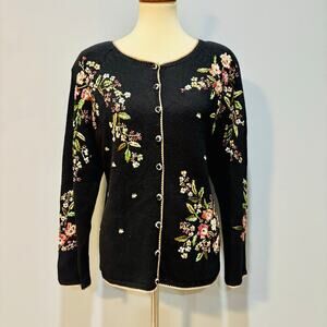 Black Floral Embroidered Beaded Cottagecore Granny core Cardigan, Women's Size M